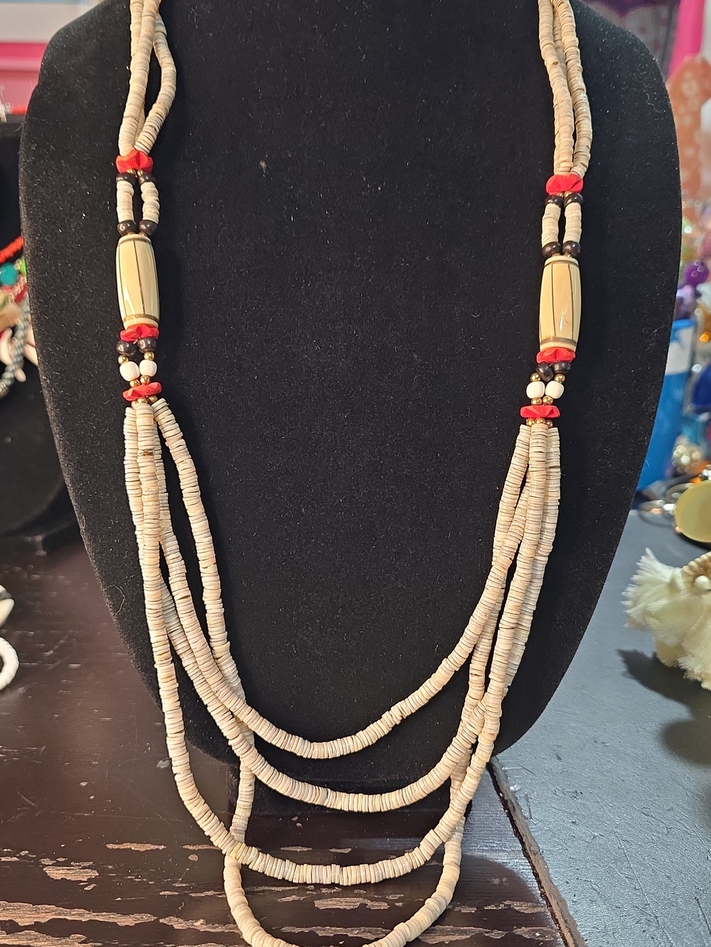 Multi-Strand Cream Heishi Bead Necklace with Red Accents  Coral Shaped Earrings